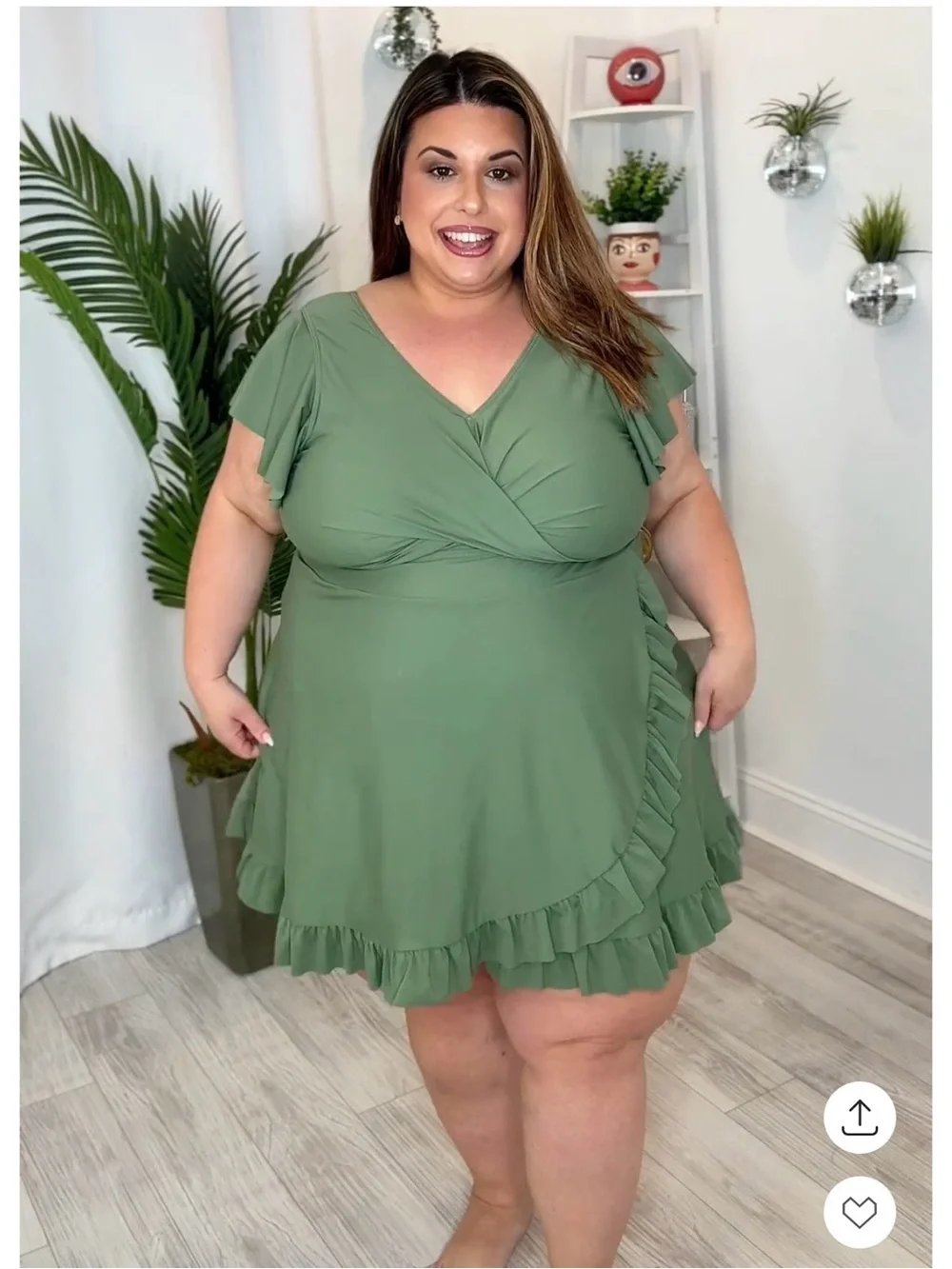 Plus Olive Green Ruffle Wrap Swim Dress with Bottoms